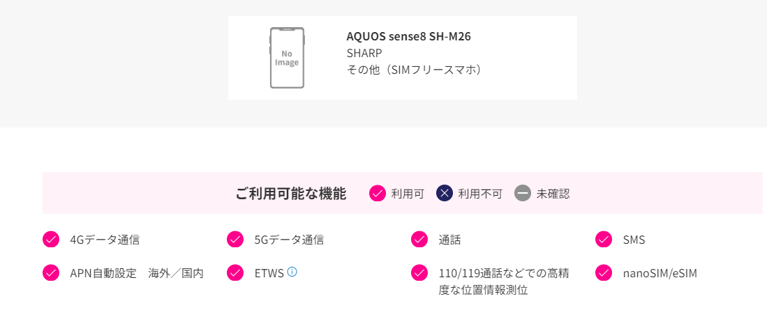 楽天モバイルの「ご利用製品の対応状況確認」の確認結果の例