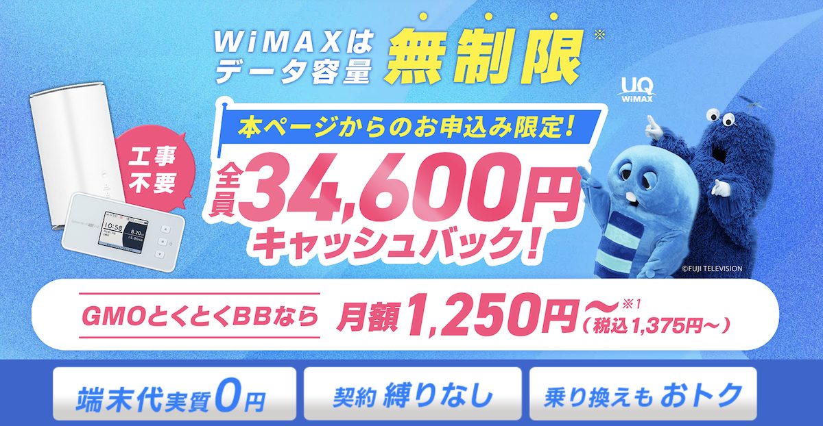 GMOとくとくBB WiMAXのキャッシュバック