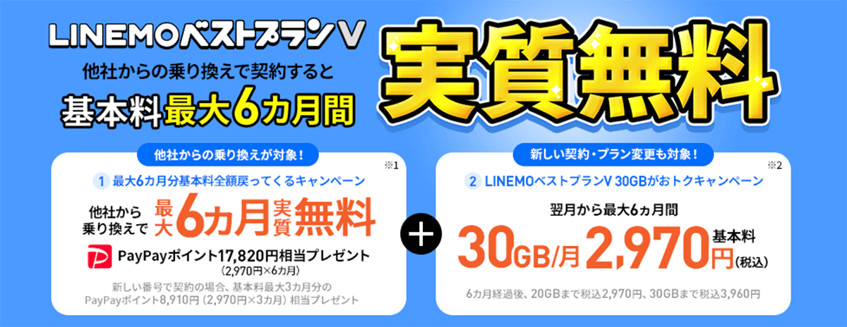 LINEMOベストプランV 30GB 6カ月間実質無料キャンペーン｜【公式】LINEMO - ラインモ｜格安SIM／格安スマホ